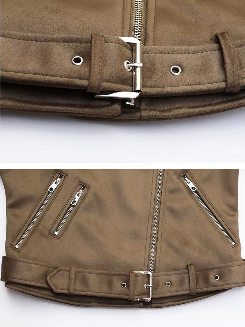 Women Vintage Autumn Winter Thick Fake Suede Faux Leather Jackets Belt Lady Matte Moto & Biker Coats Luxury Designer Streetwear