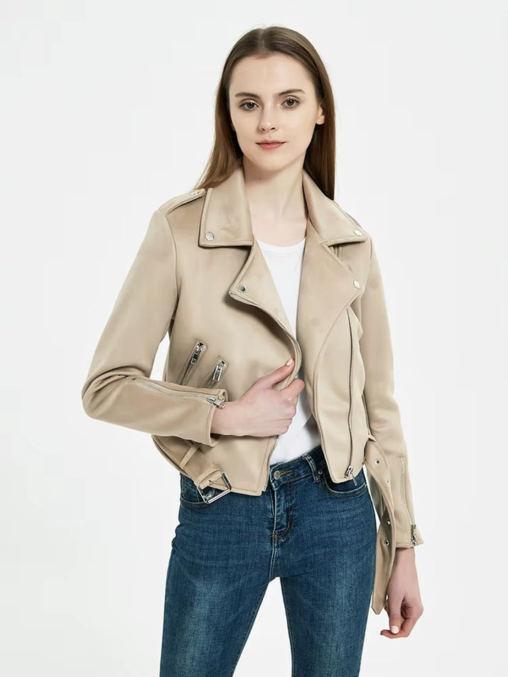 Women Vintage Autumn Winter Thick Fake Suede Faux Leather Jackets Belt Lady Matte Moto & Biker Coats Luxury Designer Streetwear