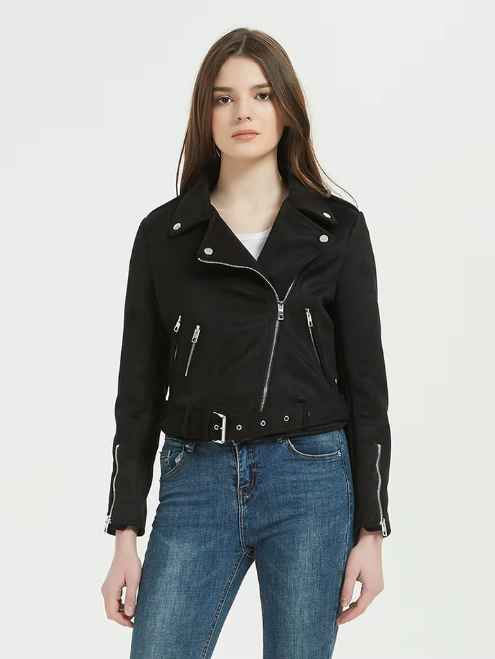 Women Vintage Autumn Winter Thick Fake Suede Faux Leather Jackets Belt Lady Matte Moto & Biker Coats Luxury Designer Streetwear