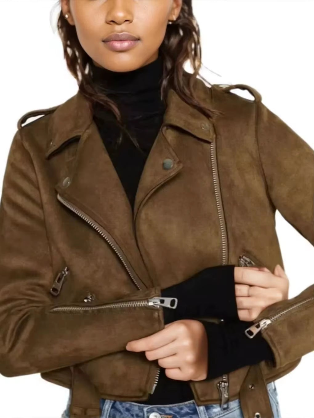 Women Vintage Autumn Winter Thick Fake Suede Faux Leather Jackets Belt Lady Matte Moto & Biker Coats Luxury Designer Streetwear