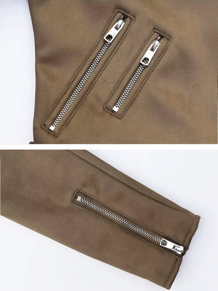 Women Vintage Autumn Winter Thick Fake Suede Faux Leather Jackets Belt Lady Matte Moto & Biker Coats Luxury Designer Streetwear