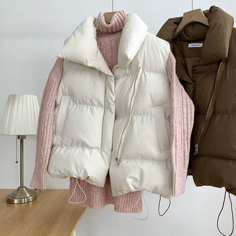 Women Fashion Autumn New 2024 Stand Collar Elegant down Coats Warm Outerwear Casual Belt Sleeveless Winter Women Vests Jackets
